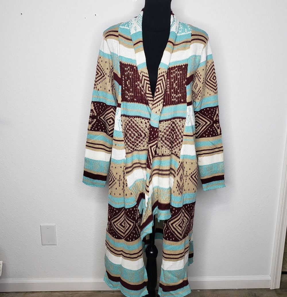 Love Cotton Knit Southwestern Asymmetric Long Line Open Front Cardigan Size M/L - Picture 2 of 14